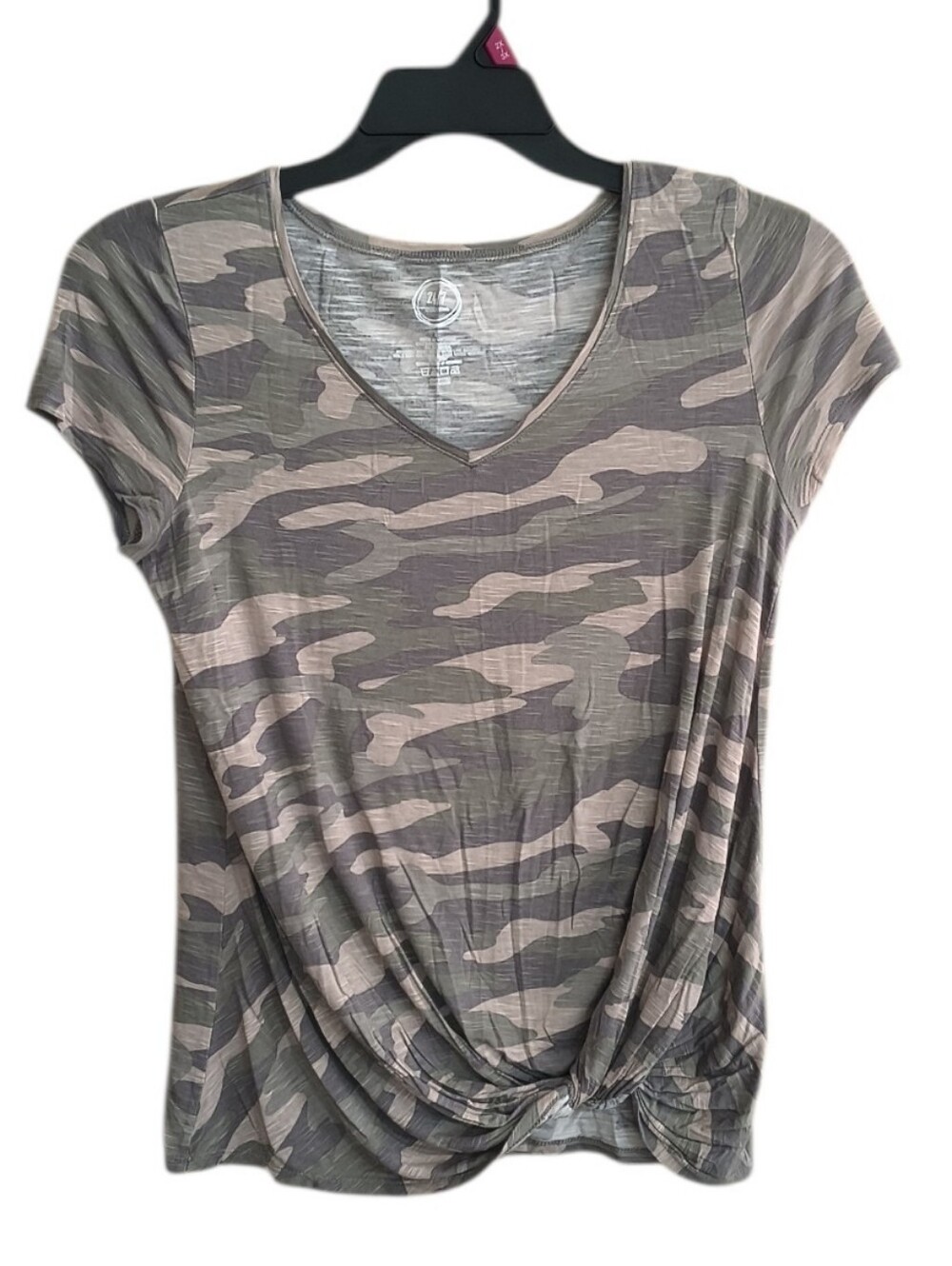 24/7 By Maurices Camo Twist-Hem V-Neck Top - Olive/Khaki Size S